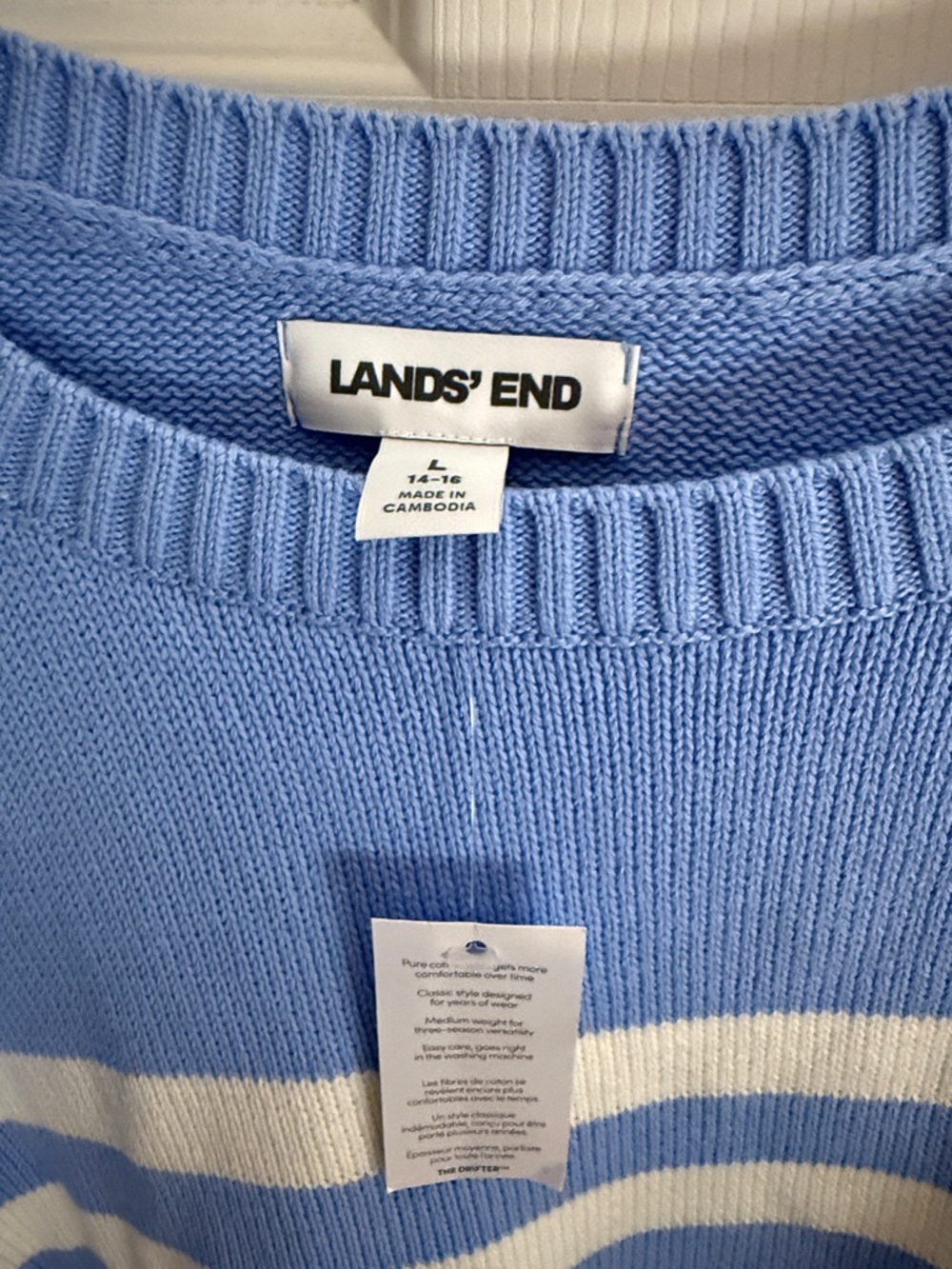 Lands' End Light Blue and White Striped Crewneck Sweater for women, brand new